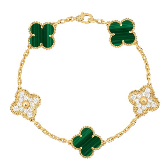 Van Cleef & Arpels Jewelry - Van Cleef & Arpels Yellow Gold Alhambra Diamond and Malachite Bracelet VCARO7GQ0